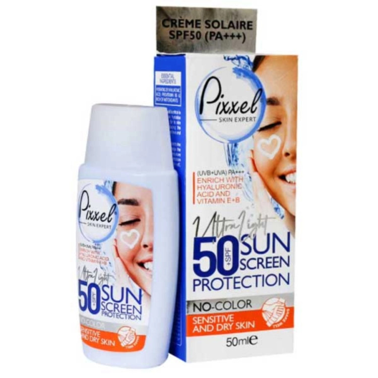 کرم ضد آفتاب بی رنگ SPF50 پوست خشک و حساس پیکسل 50ml